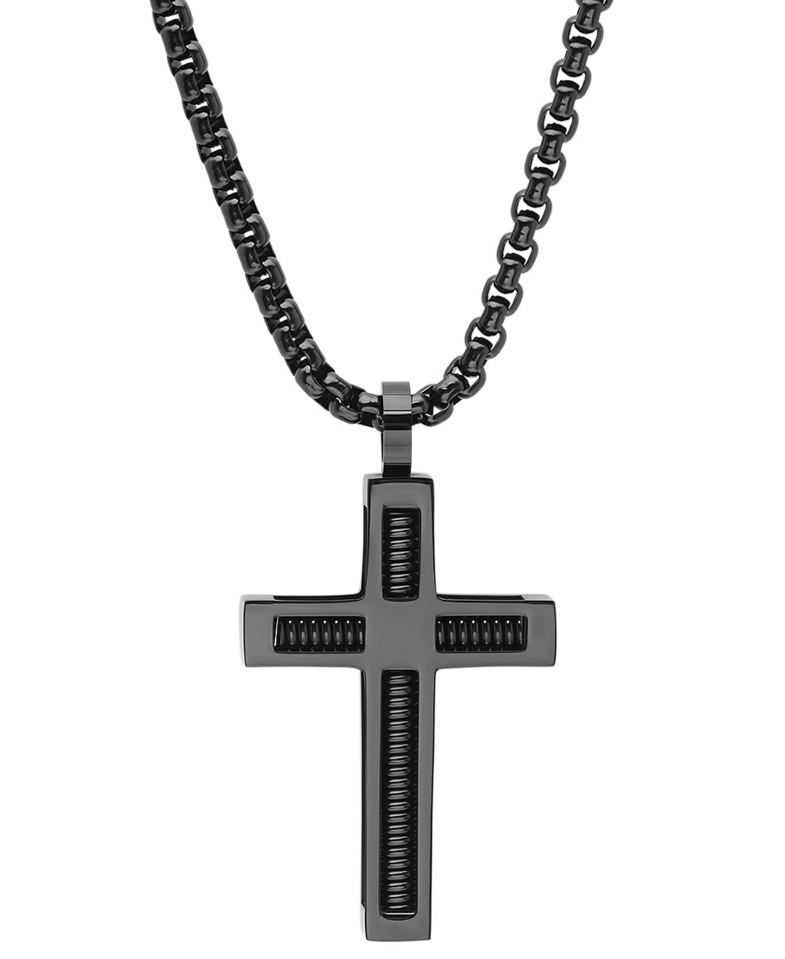 STEELTIME Men's Black IP Stainless Steel Spring Inlay Cross 24" Pendant Necklace