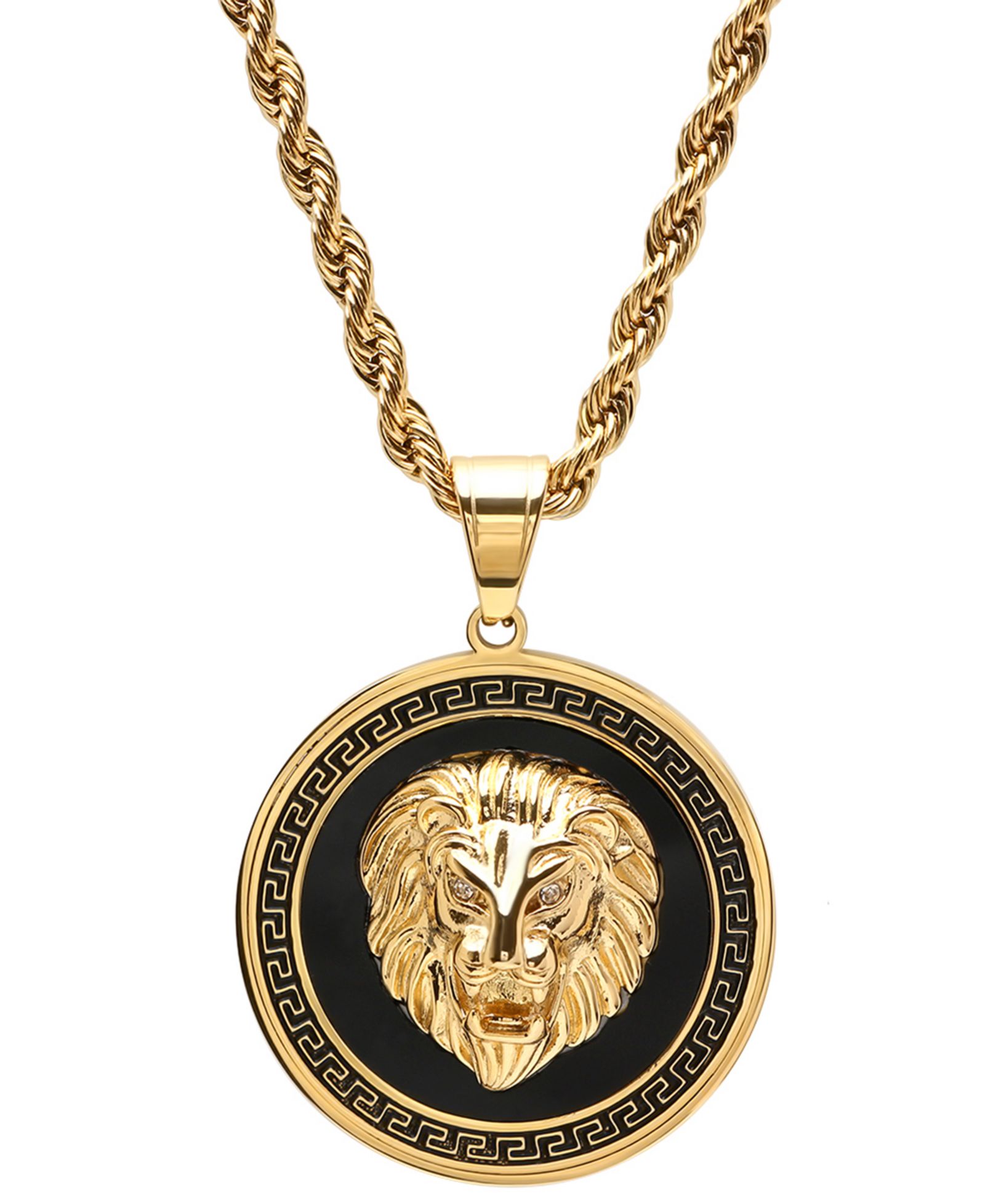 STEELTIME Men's Two-Tone Stainless Steel Simulated Diamond Lion Head On Greek Key Mount 24" Pendant Necklace