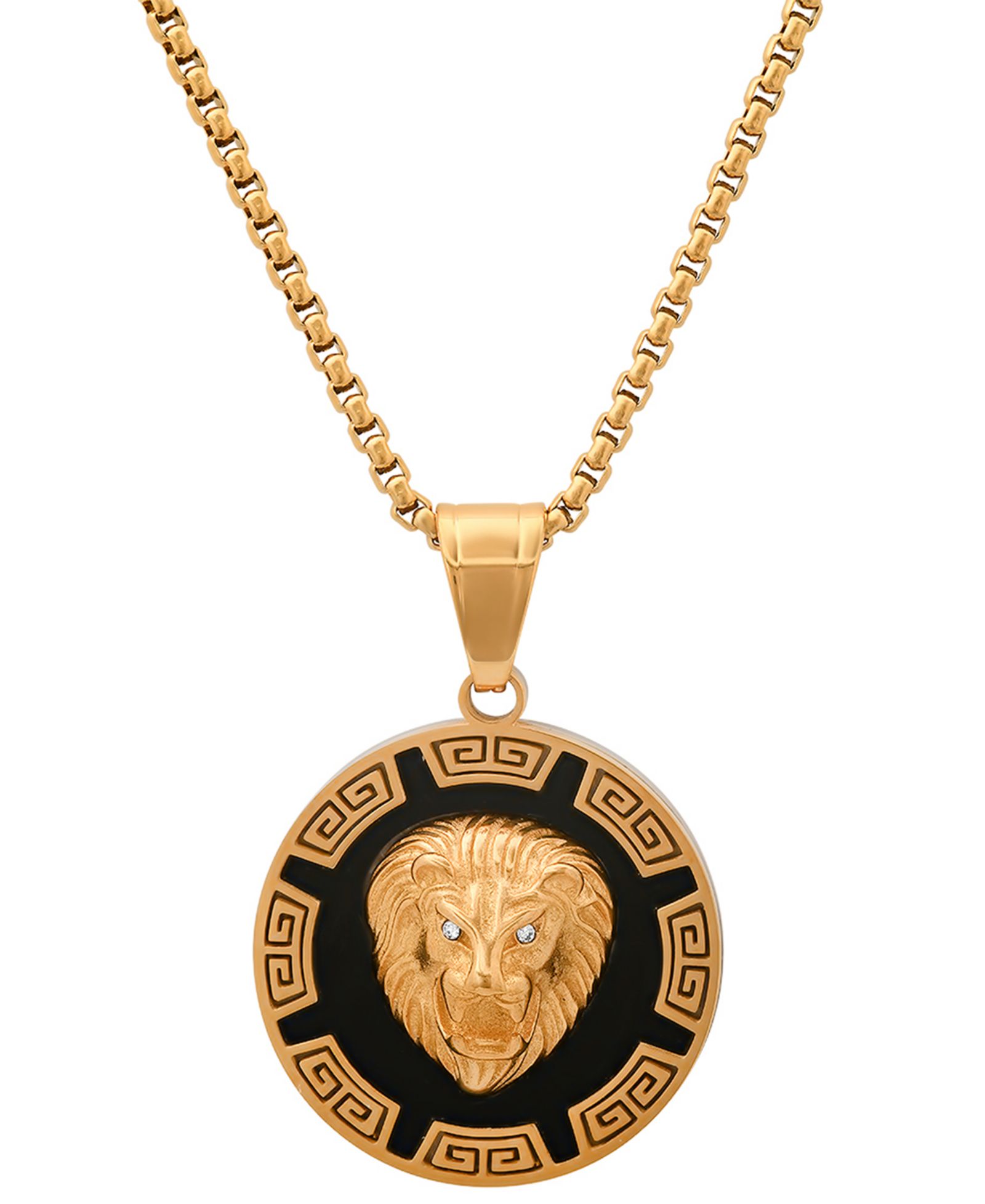 STEELTIME Men's Two-Tone Stainless Steel Simulated Diamond Lion Head Greek Accent 24" Pendant Necklace