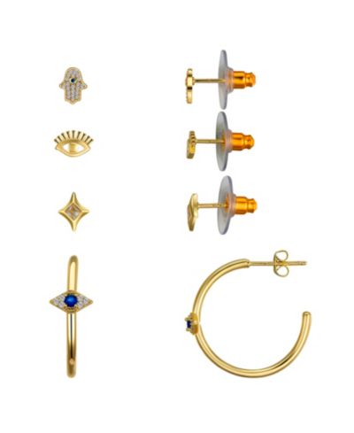 Unwritten Cubic Zirconia Evil Eye, Star, Hamsa Stud Hoop Earring Set