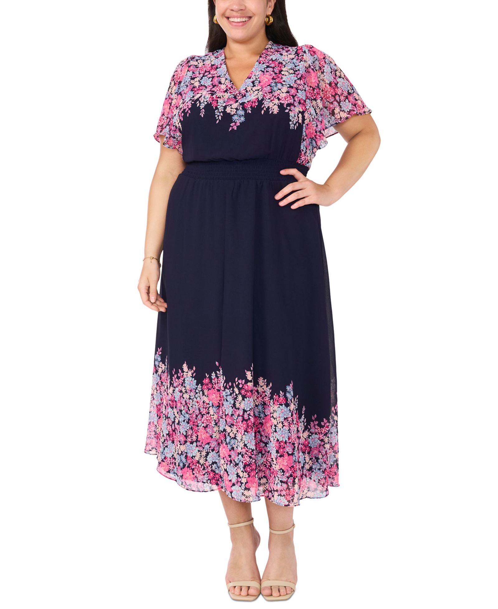 MSK Plus Size Flutter-Sleeve V-Neck Maxi Dress