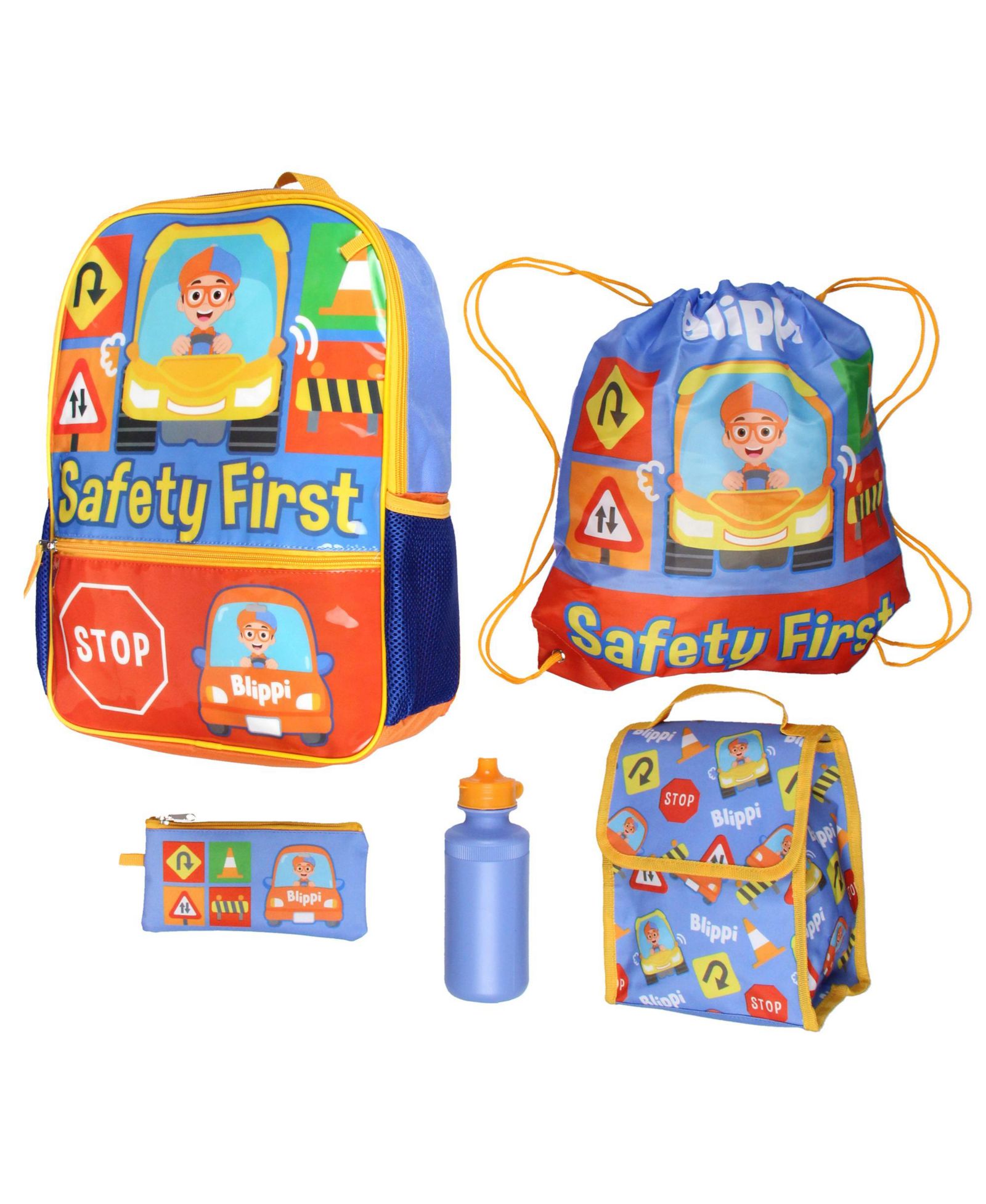 Blippi Backpack Safety First Kids School Travel Backpack 5 Pc Set With Lunch Box, Drawstring Bag, Water Bottle, and Pencil Case 16"