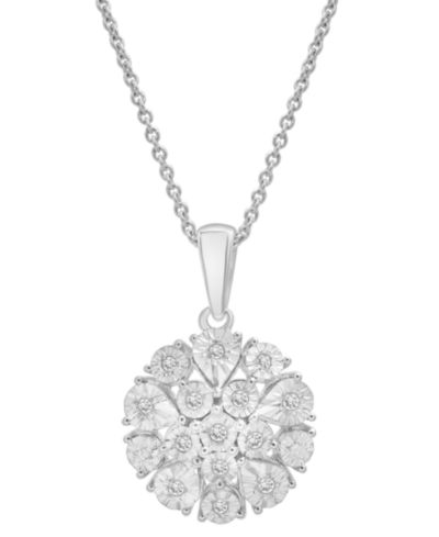 Diamond Flower Burst Cluster 18" Pendant Necklace (1/10 ct. t.w.) in Sterling Silver, Created for Macy's