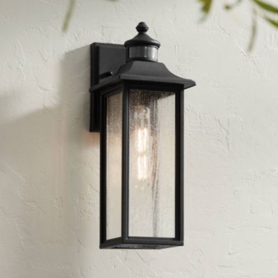 John Timberland Mission Outdoor Wall Light Fixture Black Dusk to Dawn Motion Sensor 16 1/2" Seeded Glass for Exterior House Porch