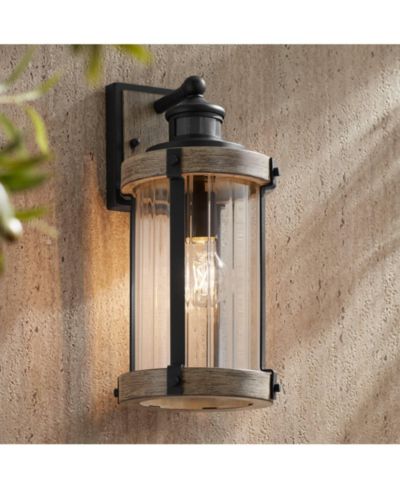 John Timberland Stan Rustic Farmhouse Outdoor Wall Light Fixture Faux Wood Motion Sensor 15 1/2" Clear Ribbed Glass for Post Exterior Barn