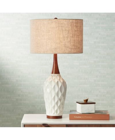 360 Lighting Rocco Modern Mid Century Table Lamp 30" Tall White Geometric Ceramic Wood Tan Fabric Drum Shade for Bedroom Living Room Bedside Office
