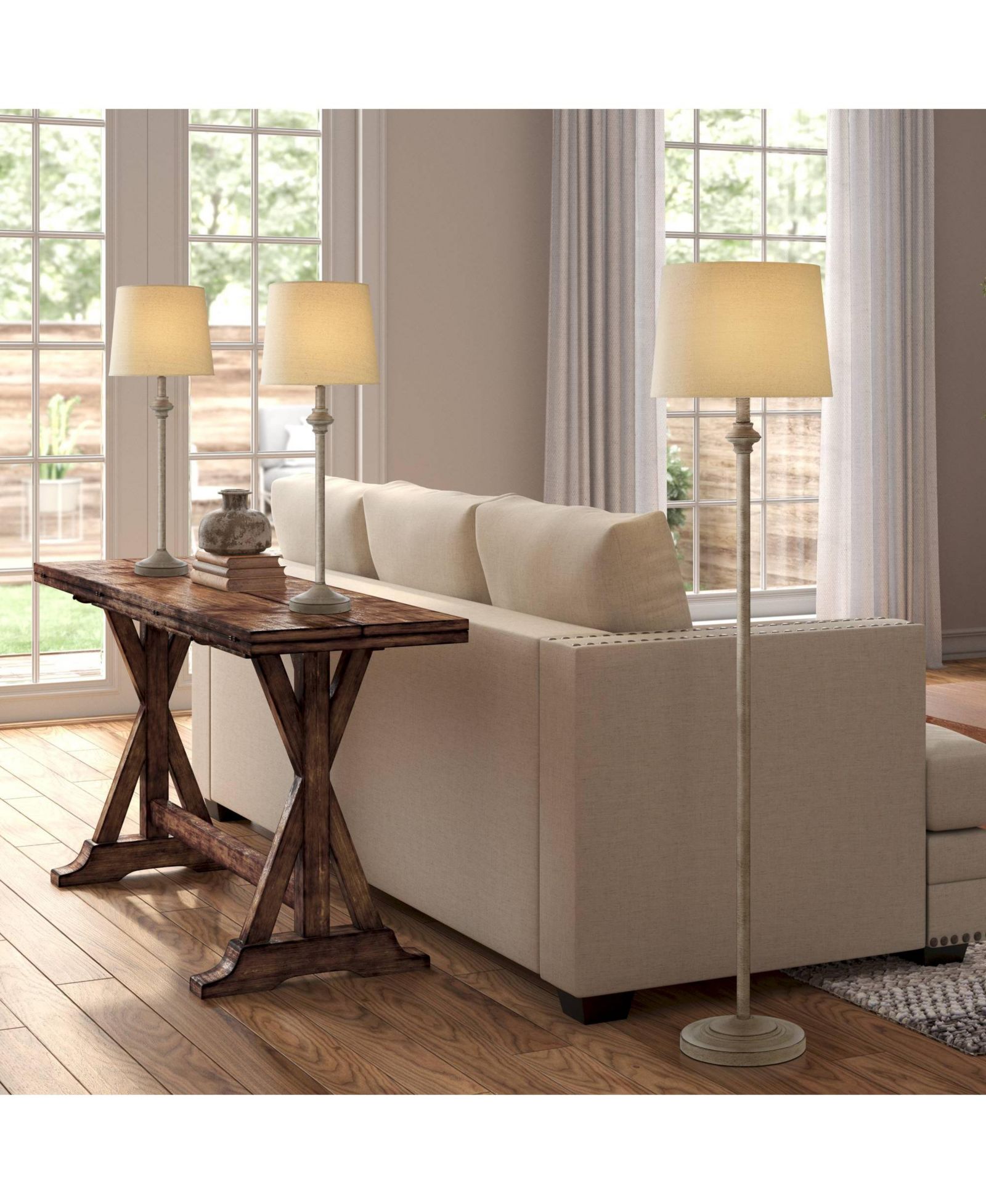 Regency Hill Carter Rustic Farmhouse 3 Piece Table Floor Lamp Set Beige Metal Cream Fabric Tapered Drum Shade for Living Room Bedroom Office House