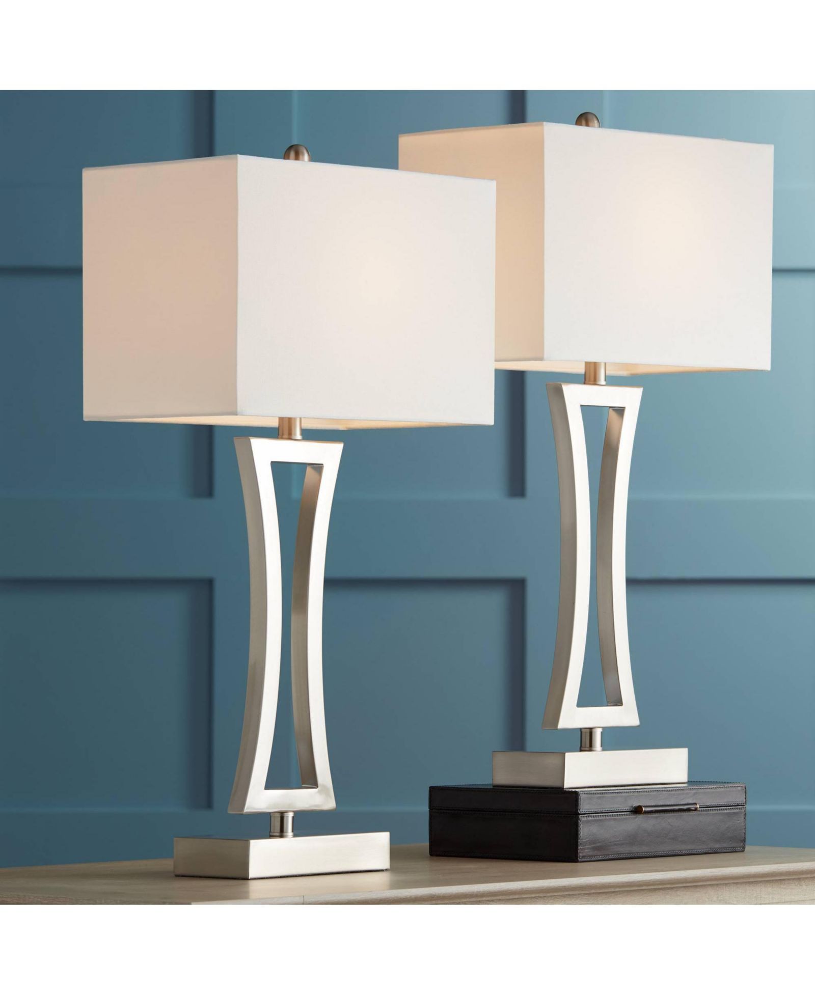 360 Lighting Roxie Modern Table Lamps, набор из 2 штук, Brushed Nickel Metal Fabric Rectangular Shade