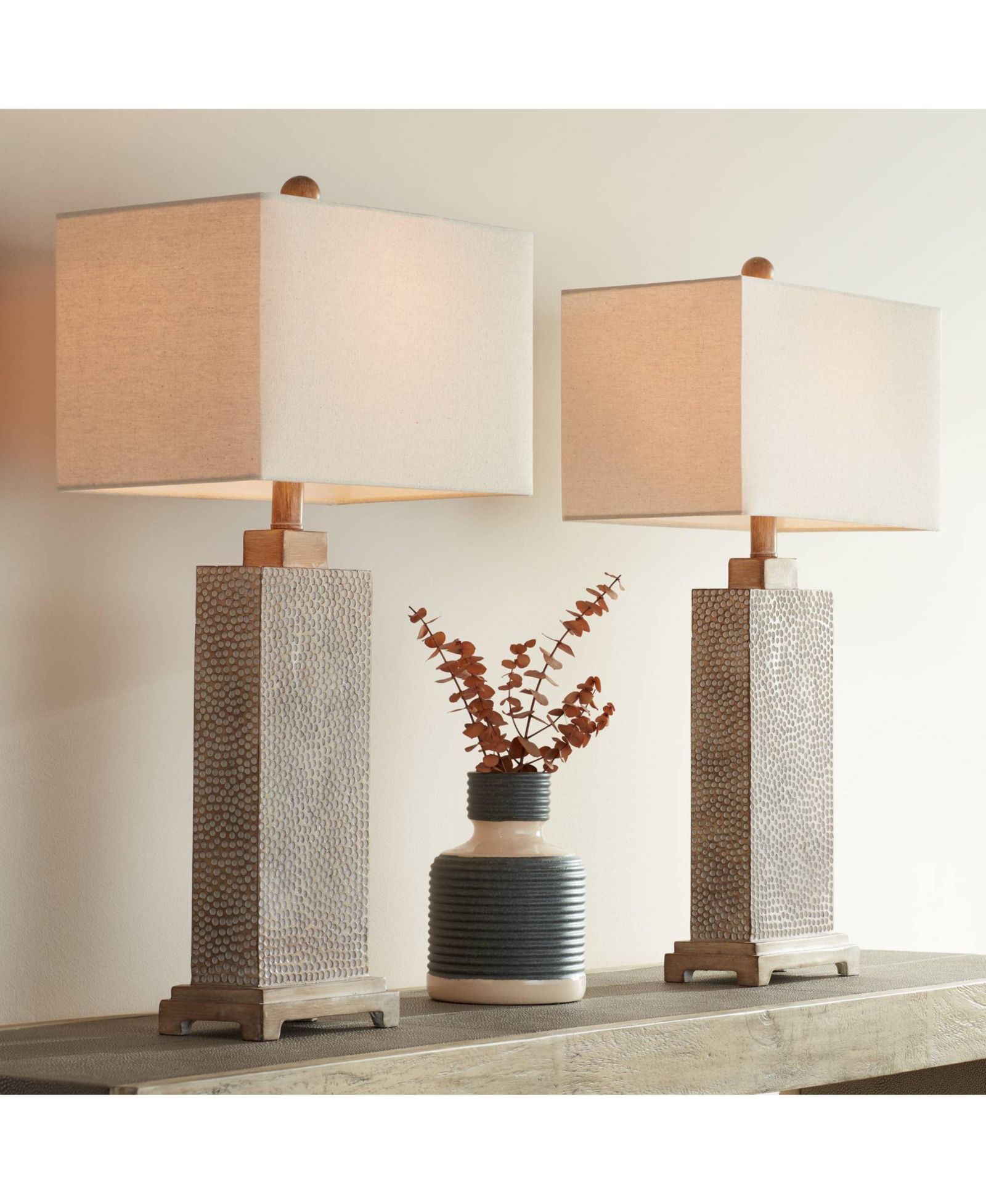 Possini Euro Design Caldwell Rustic Farmhouse Table Lamps 26 3/4" High Set of 2 Earth Tone Hammered Oatmeal Fabric Rectangular Shade for Bedroom