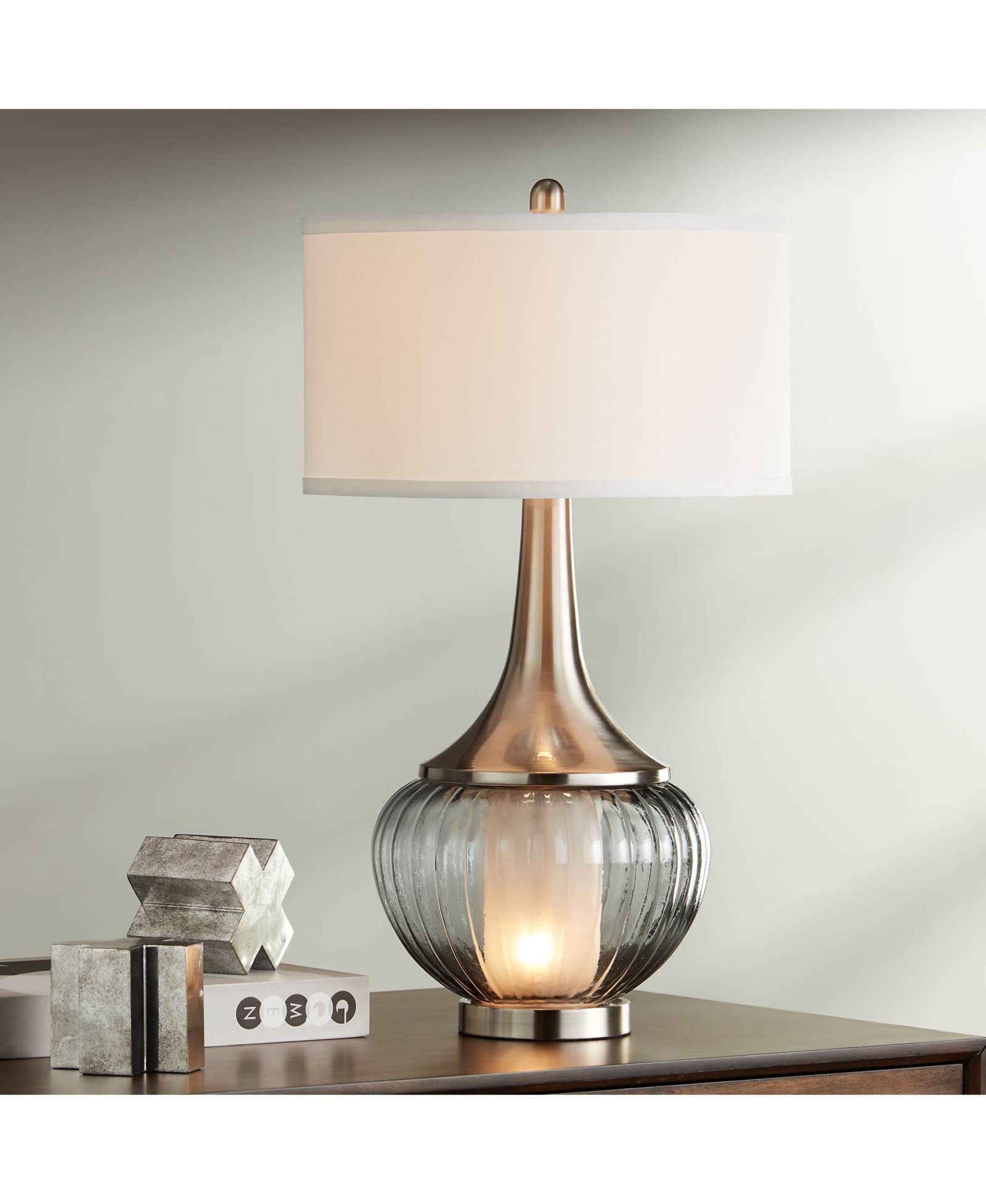 360 Lighting Courtney Modern Table Lamp 28 1/2" Tall Fluted Smoked Glass with Nightlight Linen Drum Shade
