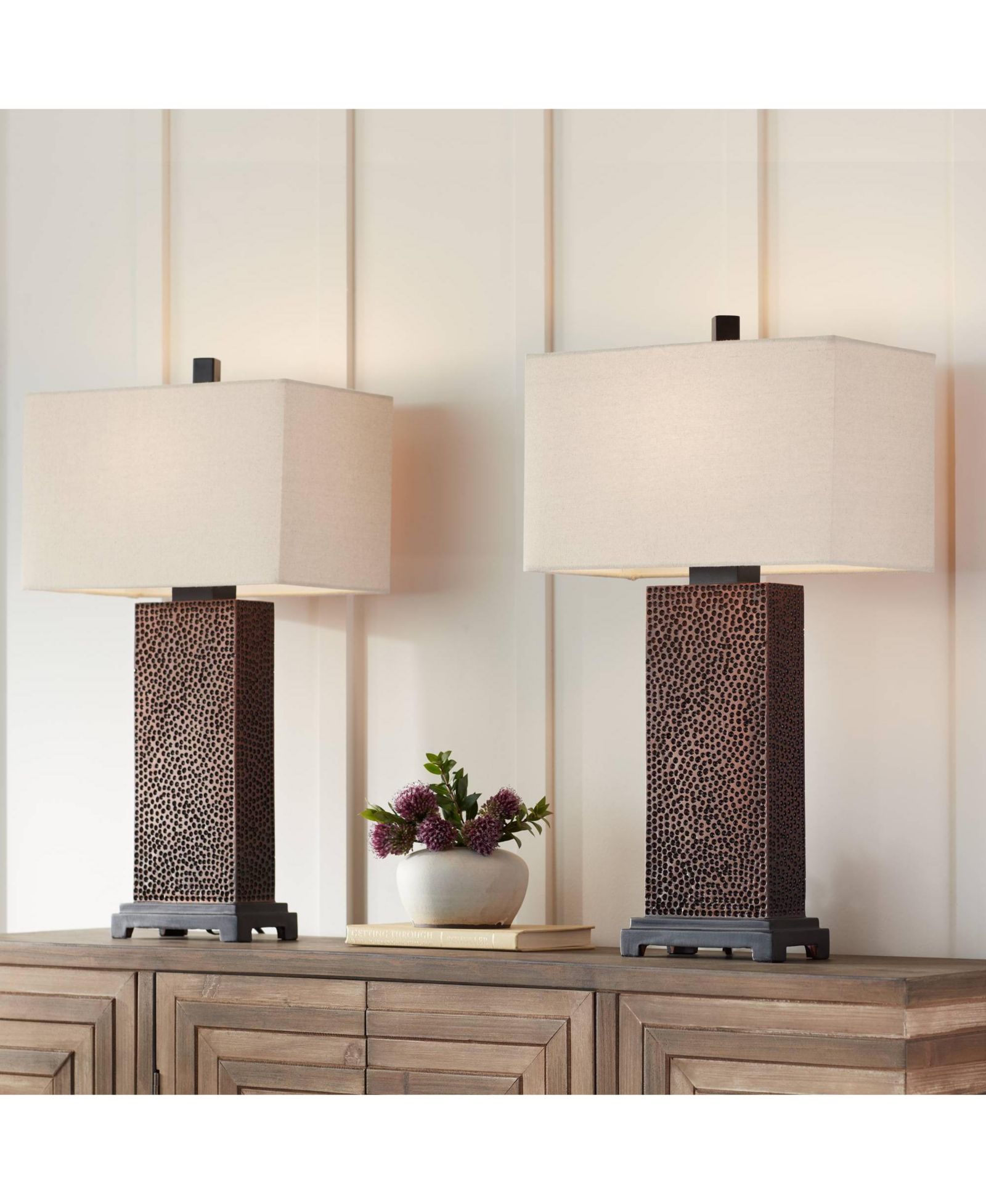 360 Lighting 24.75" Bronze Hammered Table Lamps Set of 2 with Fabric Rectangular Shade