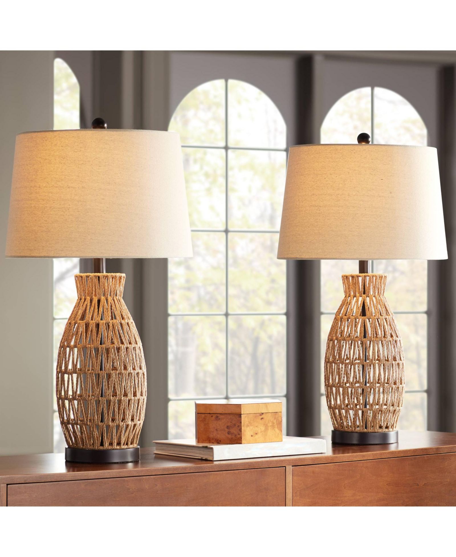 360 Lighting 29" Tall Set of 2 Rattan Wicker San Carlos Coastal Modern Table Lamps with Fabric Drum Shade