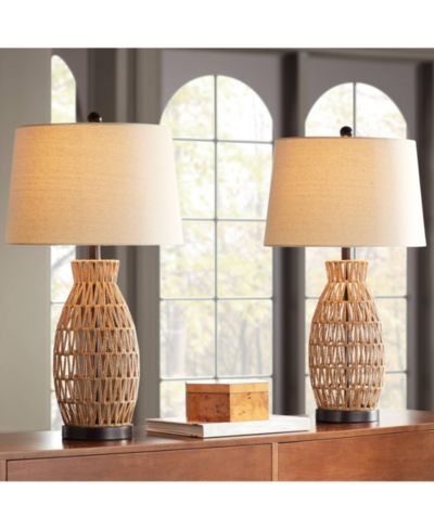 360 Lighting 29" Tall Set of 2 Rattan Wicker San Carlos Coastal Modern Table Lamps with Fabric Drum Shade