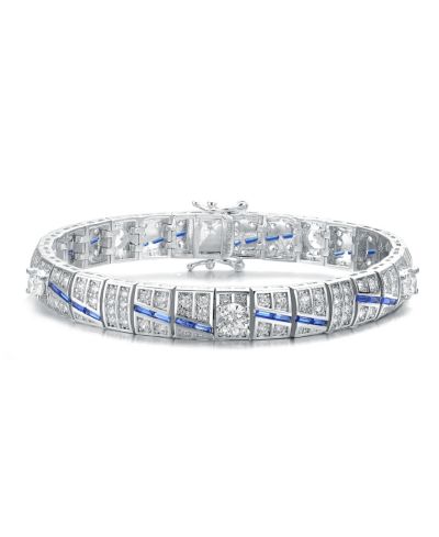 Sterling Silver Blue and Green Clear Cubic Zirconia Link Bracelet