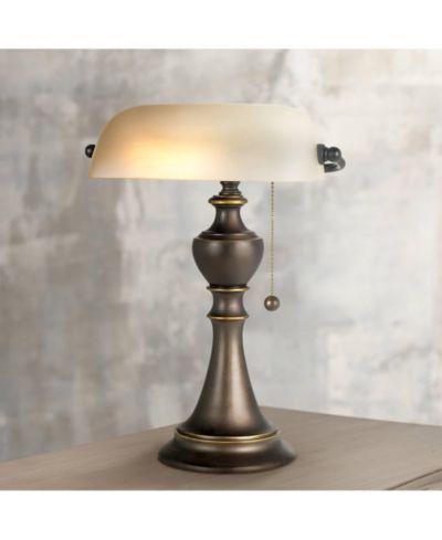 Regency Hill 16" High Antique Bronze Metal Alabaster Glass Shade Haddington Traditional Piano Banker Table Lamp