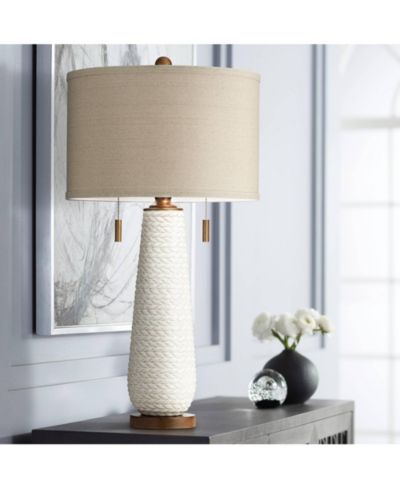 Possini Euro Design Kingston Modern Mid Century Table Lamp 32 3/4" Tall Grooved Patterned Ceramic Taupe Drum Shade for Bedroom Living Room House