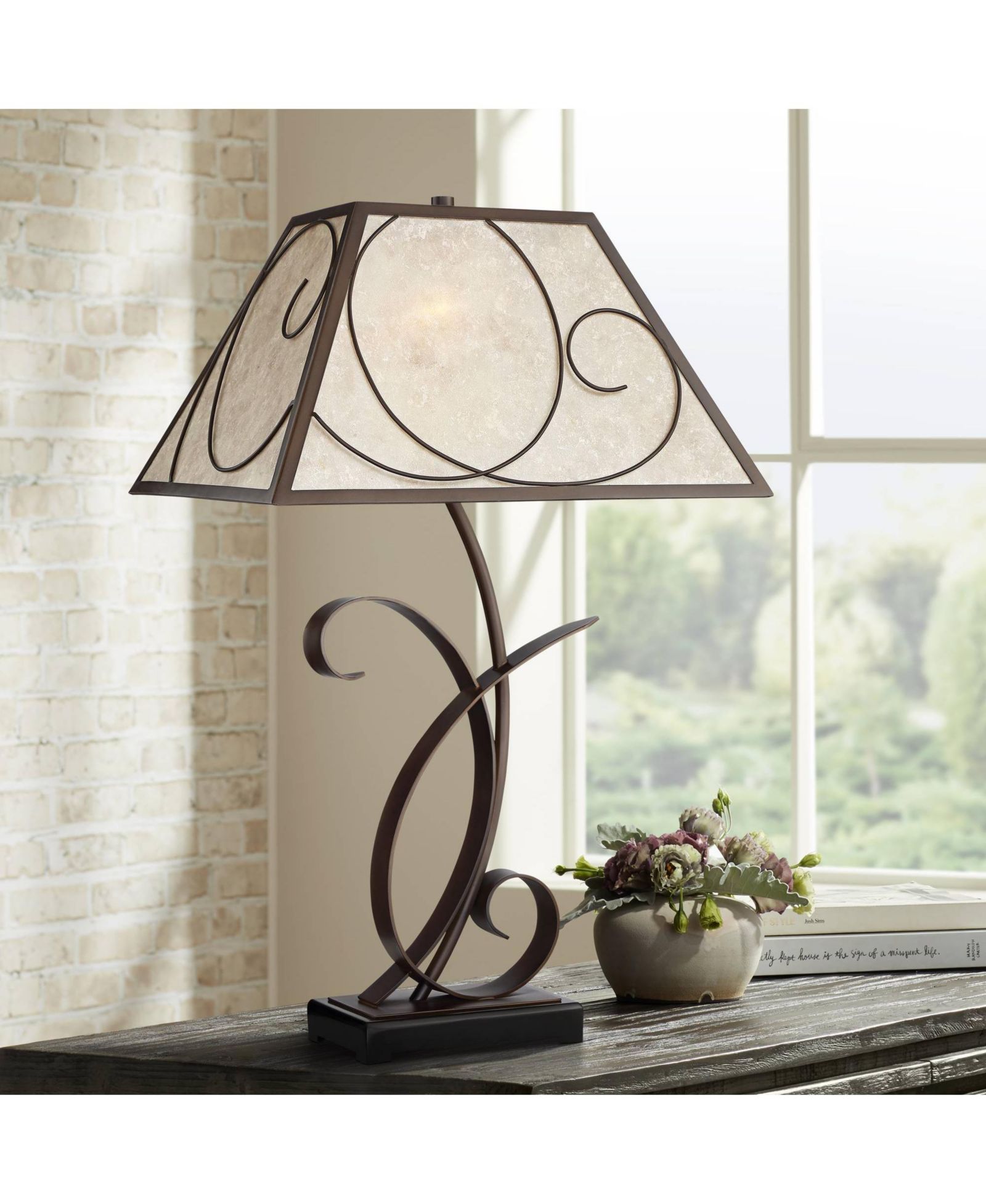 Franklin Iron Works Teri Rustic Farmhouse Table Lamp 27" Tall Vintage Scroll Metal Light Mica Tapered Rectangular Shade for Bedroom Living Room