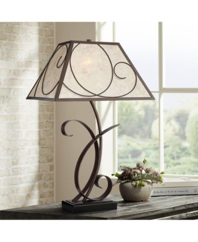 Franklin Iron Works Teri Rustic Farmhouse Table Lamp 27" Tall Vintage Scroll Metal Light Mica Tapered Rectangular Shade for Bedroom Living Room