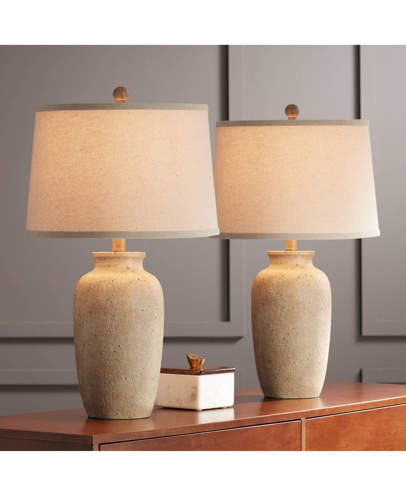 Regency Hill 25 1/2" High Farmhouse Rustic Coastal Table Lamps Set of 2 Beige Oatmeal Shade Living Room Bedroom Bedside Nightstand