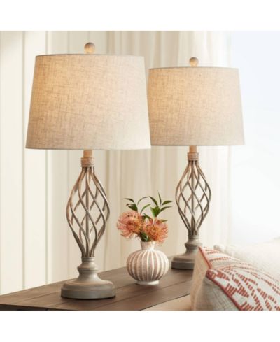 Franklin Iron Works Annie Modern Coastal Table Lamps 28" Tall Set of 2 Weathered Sand Iron Cream Tapered Drum Shade for Bedroom Living Room Bedside