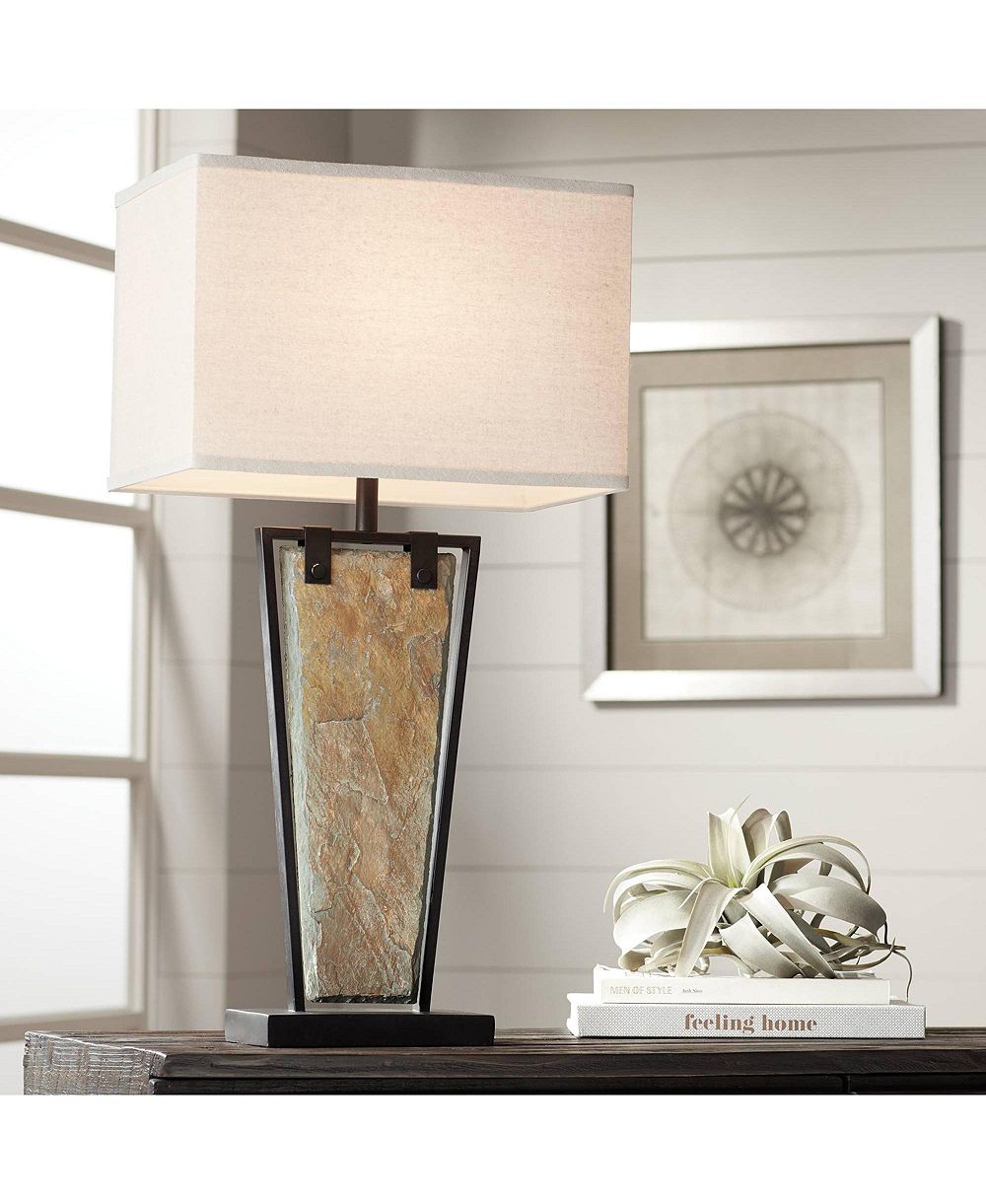 Franklin Iron Works Zion Rustic Table Lamp 30" Tall Tapered Natural Slate Bronze Metal Rectangular Shade for Bedroom Living Room Bedside Nightstand