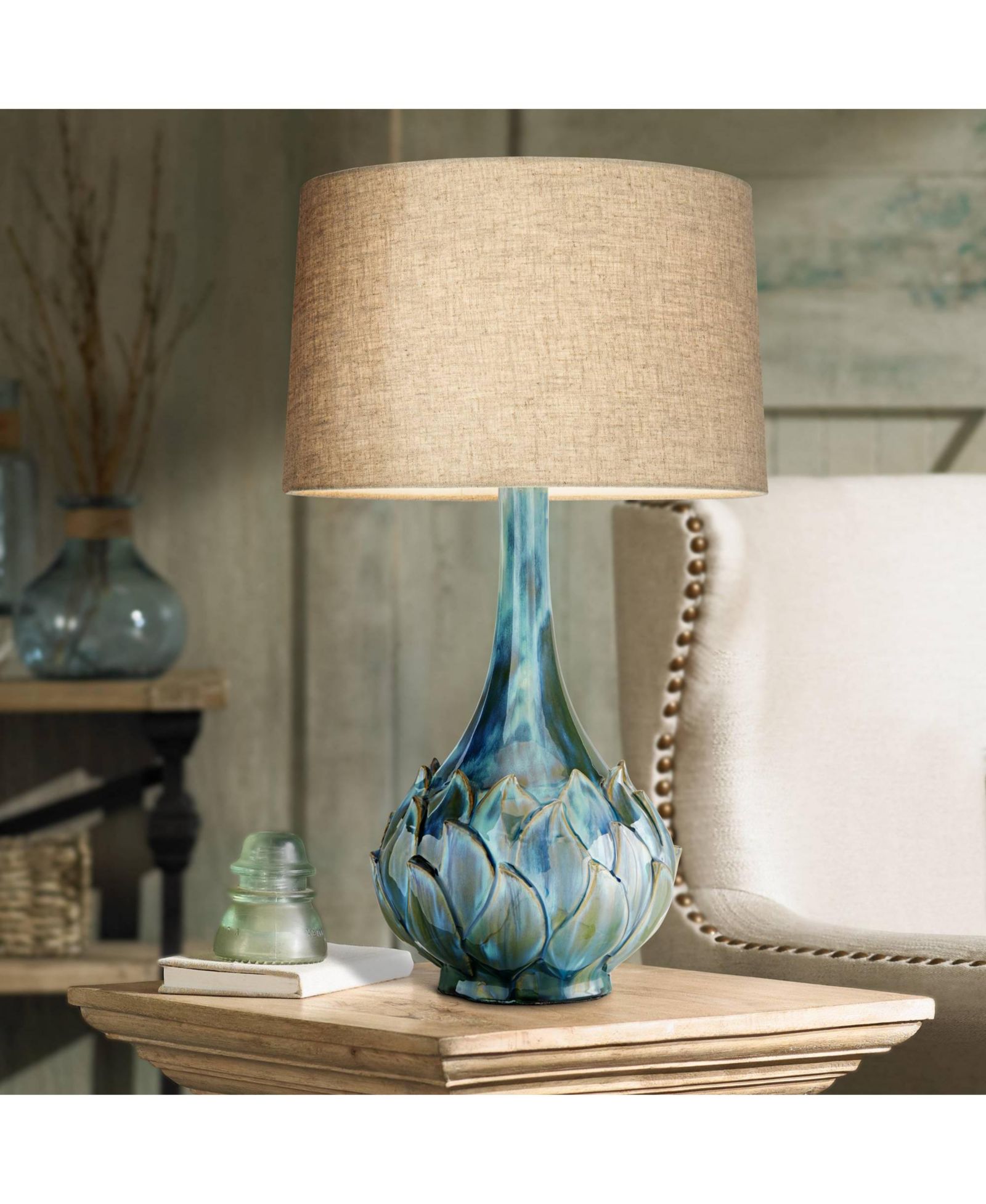 Possini Euro Design Kenya Modern Table Lamp 29 1/2" Tall Blue Green Glaze Ceramic Beige Linen Shade for Bedroom Living Room House Home Bedside Office