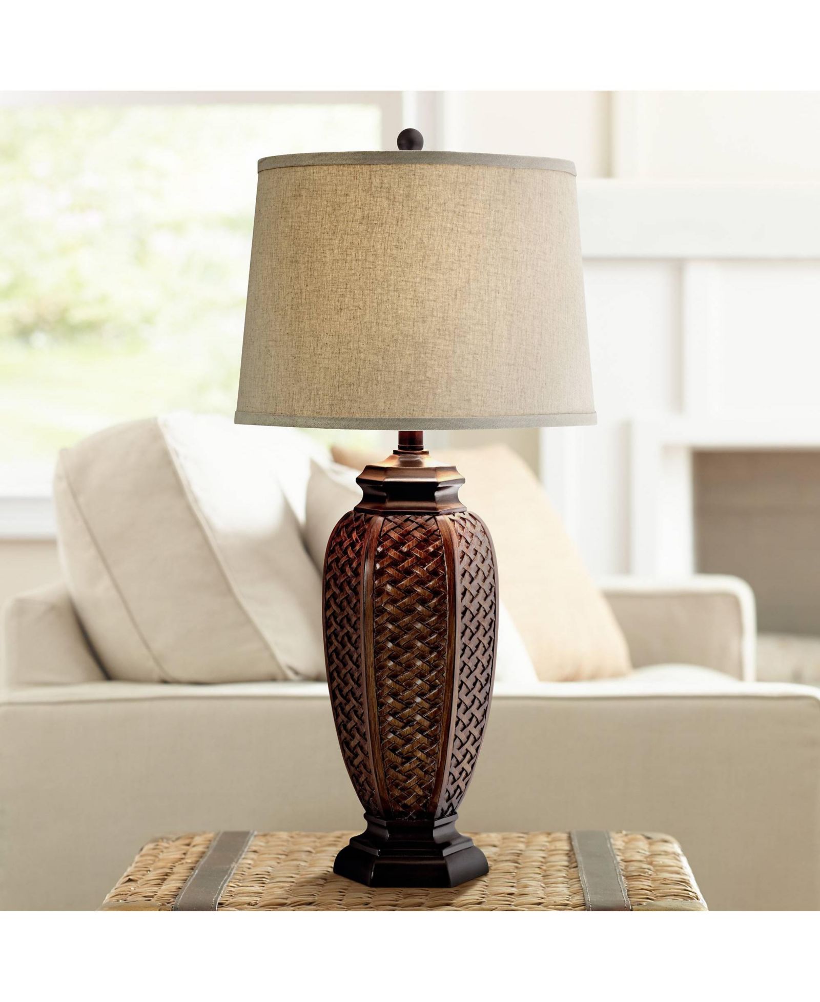 Regency Hill Tropical Table Lamp 29" Tall Woven Wicker Pattern Beige Linen Drum Shade for Living Room Family Bedroom Bedside Nightstand