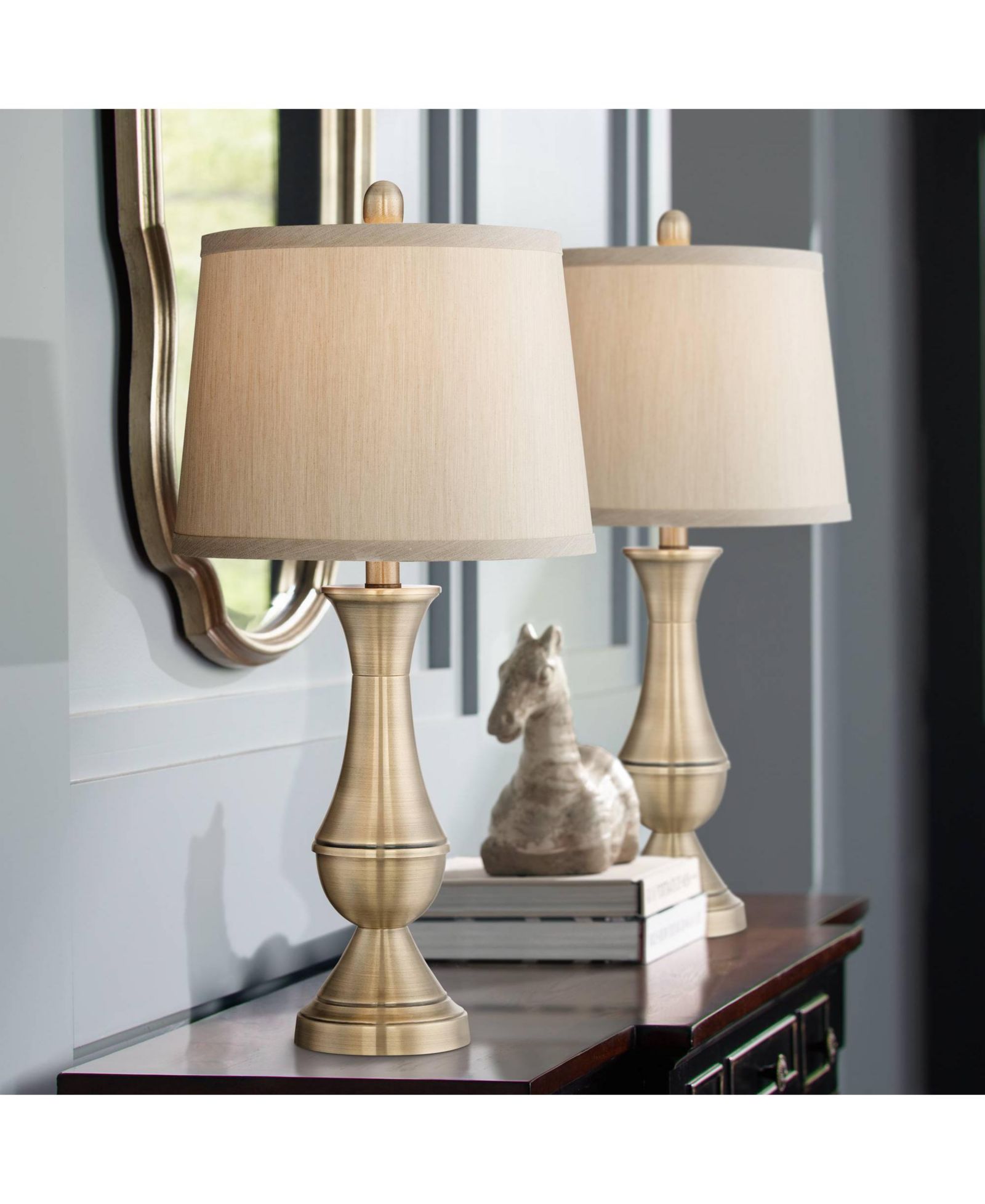 Regency Hill Becky Traditional Table Lamps 24 3/4" High Set of 2 Antique Brass Metal Drum Shade for Bedroom Living Room Bedside Nightstand Home