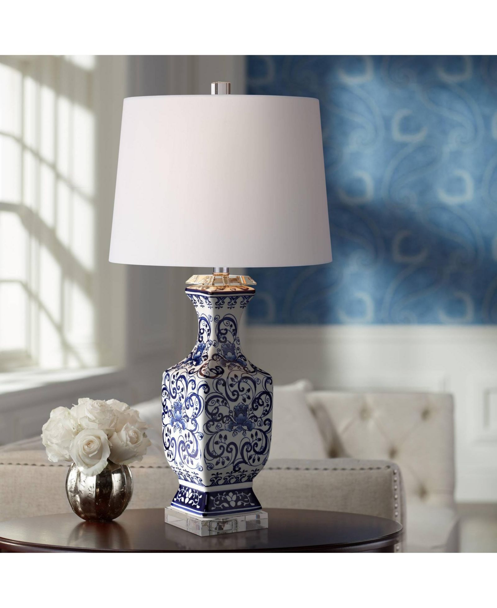 Barnes and Ivy Iris Vintage like Asian Chinese Style Table Lamp 28" Tall Porcelain Floral Jar Geneva Drum Shade Decor
