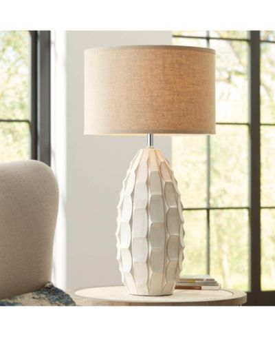 Possini Euro Design Cosgrove Modern Mid Century Table Lamp 32 3/4" Tall White Glazed Ceramic Beige Fabric Drum Shade for Bedroom Living Room Bedside