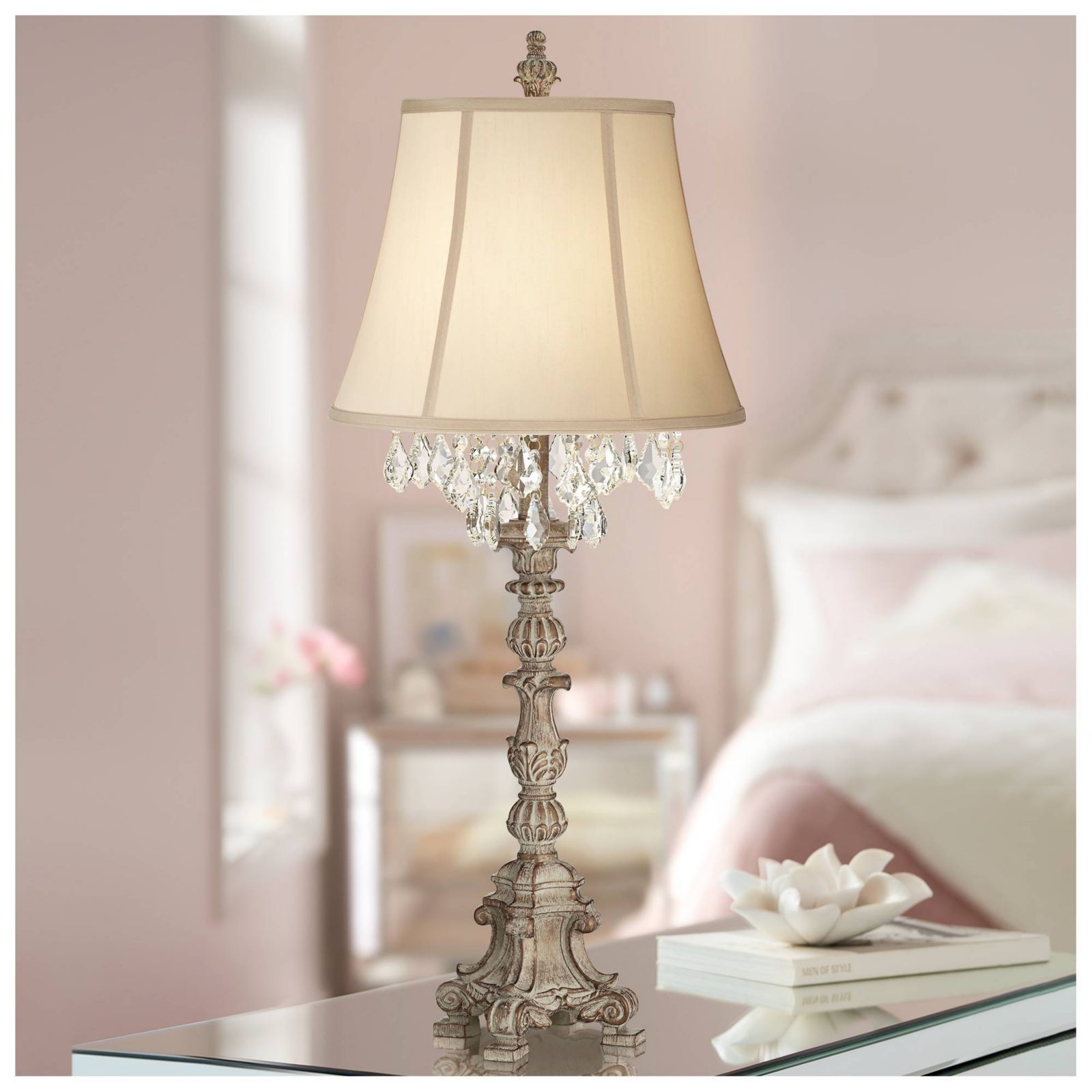 Barnes and Ivy 34" Tall Distressed Candlestick Crystal Fabric Bell Shade Duval Traditional Table Lamp