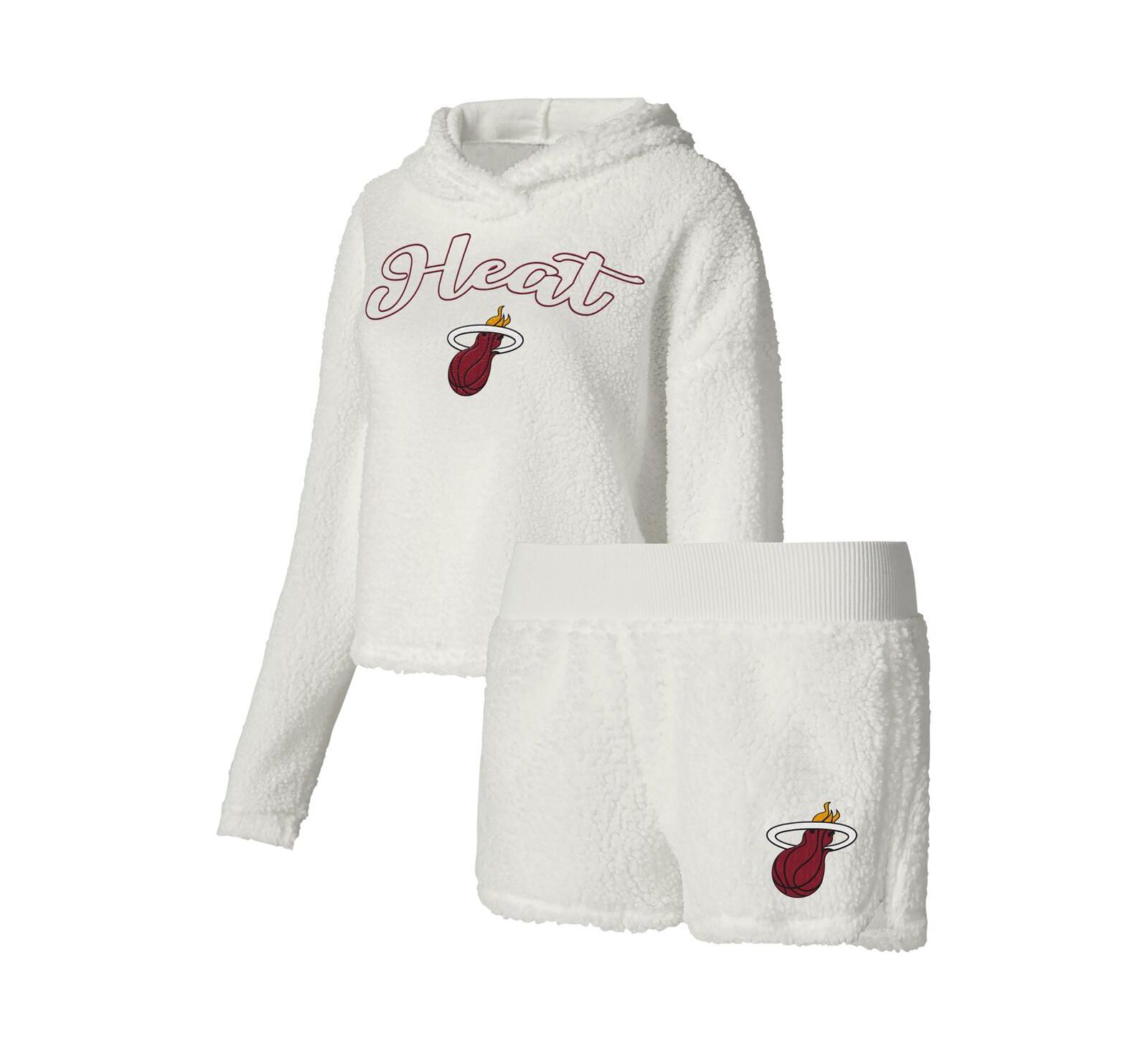 Women's College Concepts Cream Miami Heat Fluffy Long Sleeve Hoodie T-shirt Shorts Sleep Set