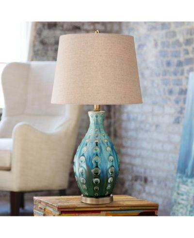 Possini Euro Design Mid Century Modern Table Lamp Vase 26.5" High Teal Handmade Tan Linen Tapered Drum Shade for Living Room Bedroom (Color May Vary)