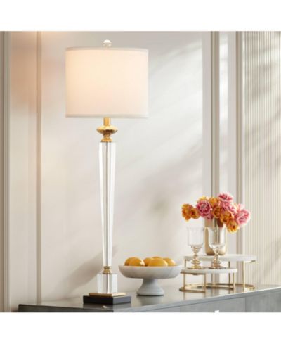 Possini Euro Design Lana Modern Table Lamp 38 1/2" Tall Clear Crystal Glass Column White Drum Shade for Bedroom Living Room Bedside Nightstand Office