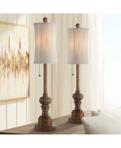 Regency Hill Traditional Buffet Table Lamps 28" Tall Set of 2 Warm Brown Wood Tone Fabric Drum Shade for Dining Room