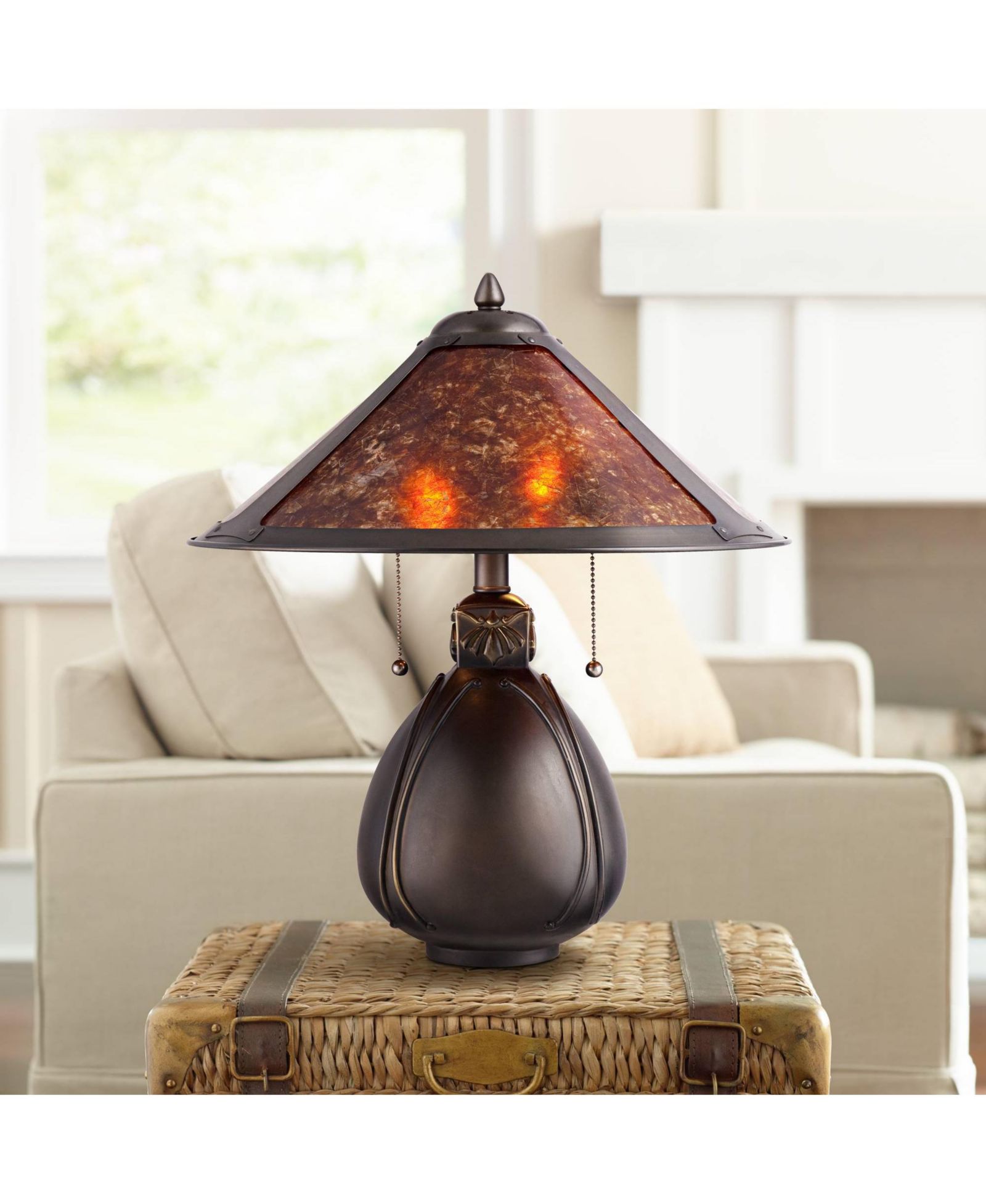 Robert Louis Tiffany Art Deco Accent Table Lamp 19" High Bronze Pottery Natural Mica Shade for Bedroom Bedside Nightstand Office