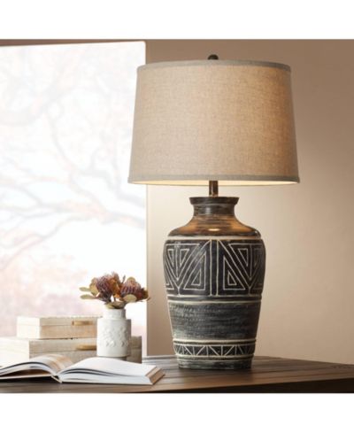 Franklin Iron Works Miguel Rustic Table Lamp Southwest 32" Tall Earth Tone Linen Drum Shade for Bedroom Living Room Bedside Nightstand Office Kids