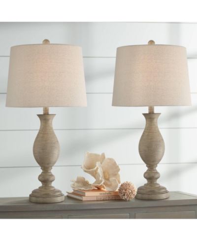 Regency Hill Serena Country Cottage Table Lamps 27 1/2" Tall Set of 2 Beige Gray Oatmeal Fabric Drum Shade for Bedroom Living Room Bedside Nightstand
