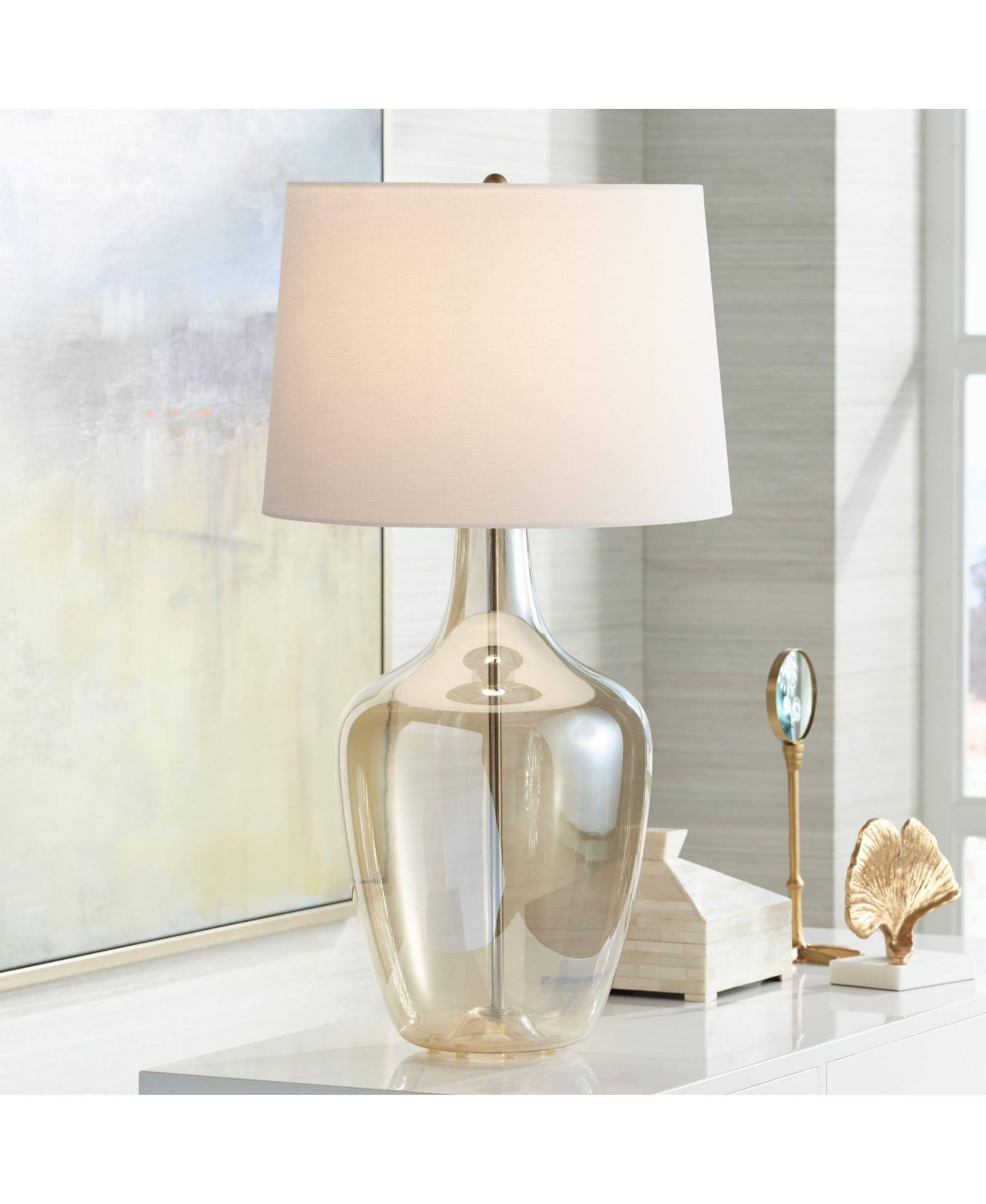 Possini Euro Design Ania 31" Tall Jar Large Modern End Table Lamp Champagne Glass Single Off-White Shade Living Room Bedroom