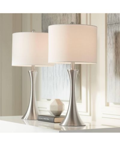 Possini Euro Design Gerson Modern Table Lamps 24" High Set of 2 Brushed Nickel with Dimmers LED White Drum Shade for Bedroom Living Room