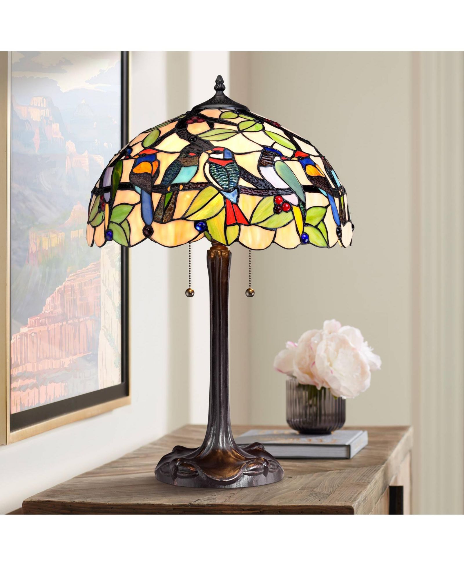 Традиционная настольная лампа Robert Louis Tiffany 24.75" High Bronze Tropical Birds со стеклянным абажуром для гостиной, спальни или прикроватной тумбочки