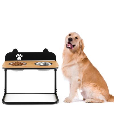 Dog Bowl Stand with 2 Stainless Steel Food Water Bowls 3 Adjustable Heights 12 14 16 in Bamboo Top