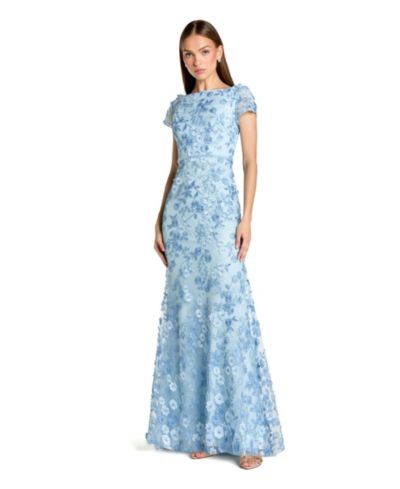 Mac Duggal Женское вечернее платье с цветочной аппликацией и вырезом лодочкой и коротким рукавом