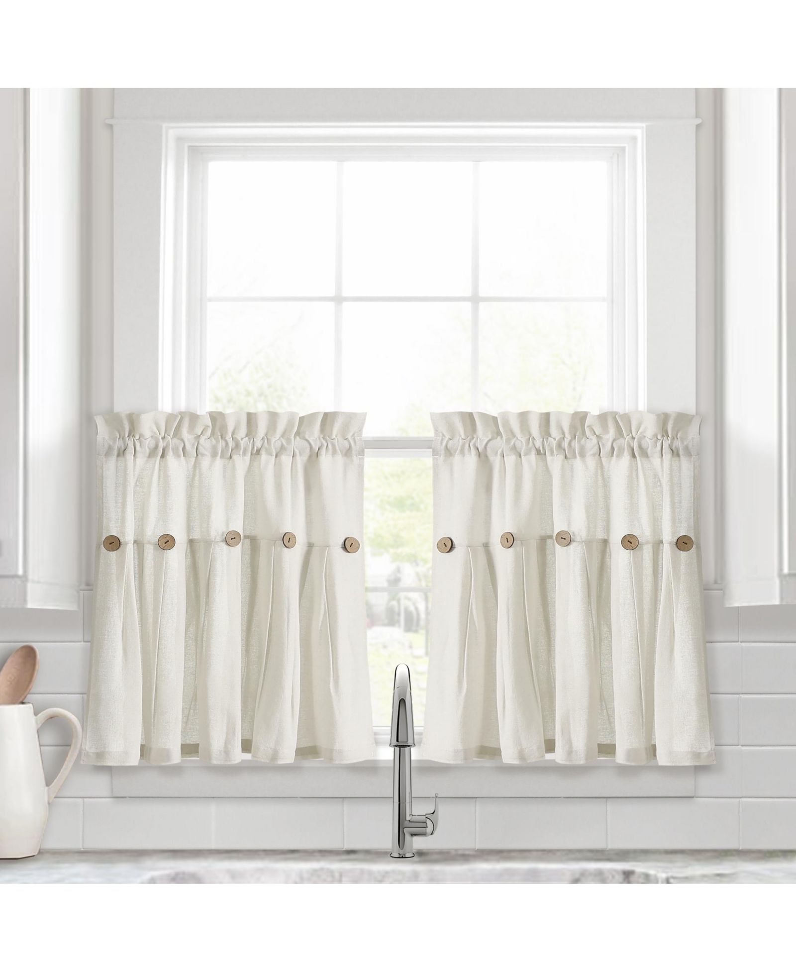 Linen Button Kitchen Tier Window Curtain Panels