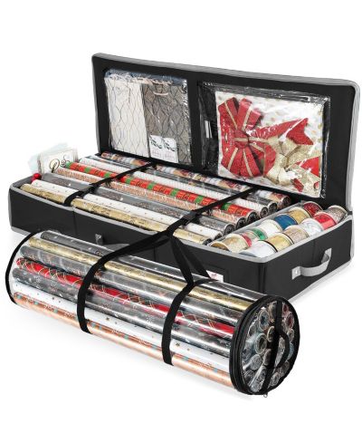 Hearth & Harbor Gift Wrapping Organizer Storage Fits Up to 22 Rolls of 40" with Interior Pockets Christmas Wrapping Paper Storage Containers