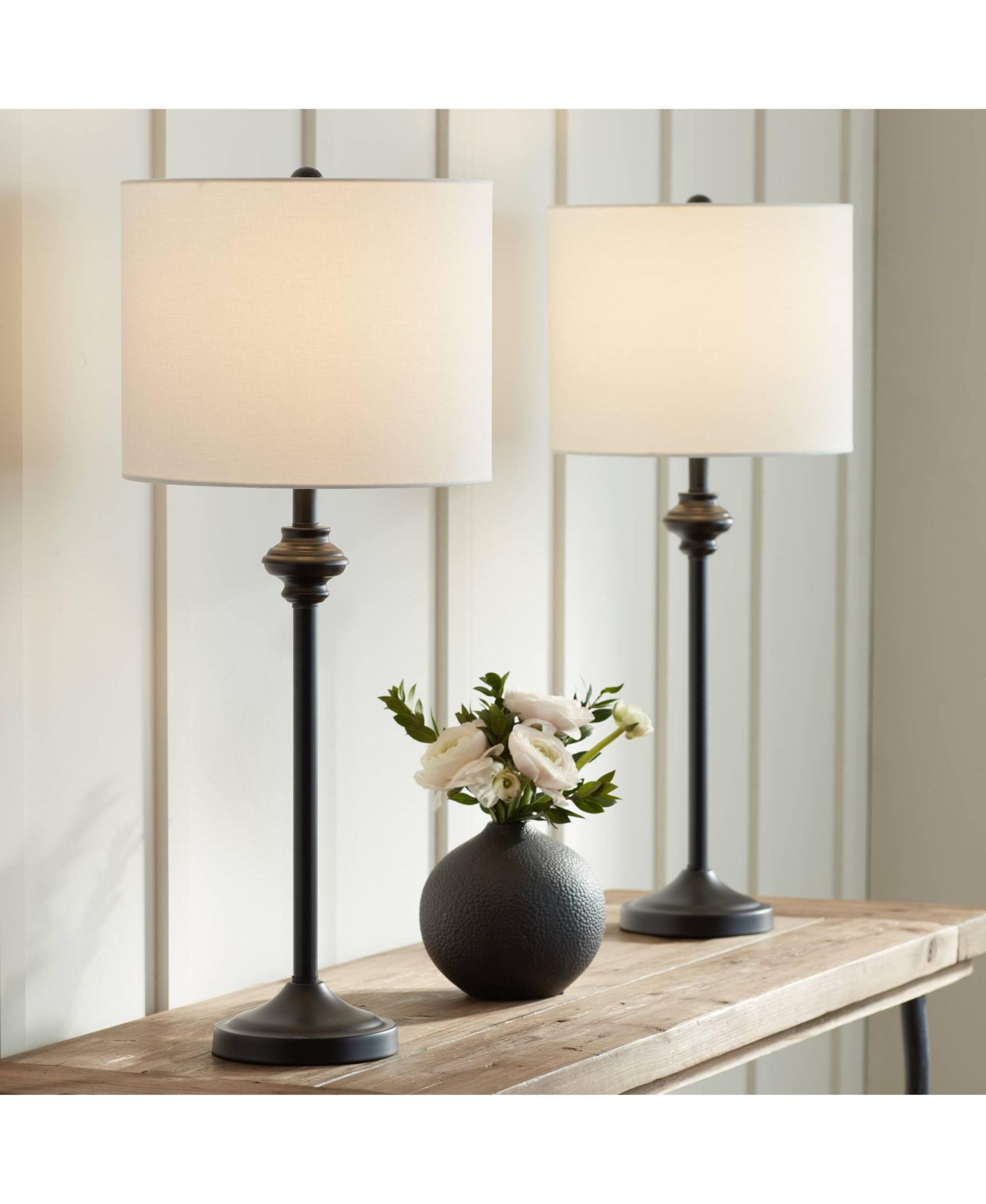 Possini Euro Design Lynn 26" Tall Skinny Buffet Modern Table Lamps Set of 2 Black Metal White Shade Living Room Bedroom Bedside House