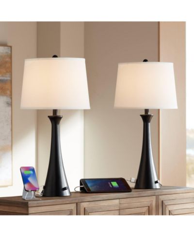 Possini Euro Design Karl Modern Table Lamps 28 1/4" Tall Set of 2 Black Metal with USB and AC Power Outlet in Base White Drum Shade for Bedroom