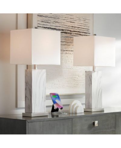 360 Lighting Connie Modern Table Lamps 25" High Set of 2 Faux Marble with USB Charging Ports Rectangular Shade for Living Room Office Desk House