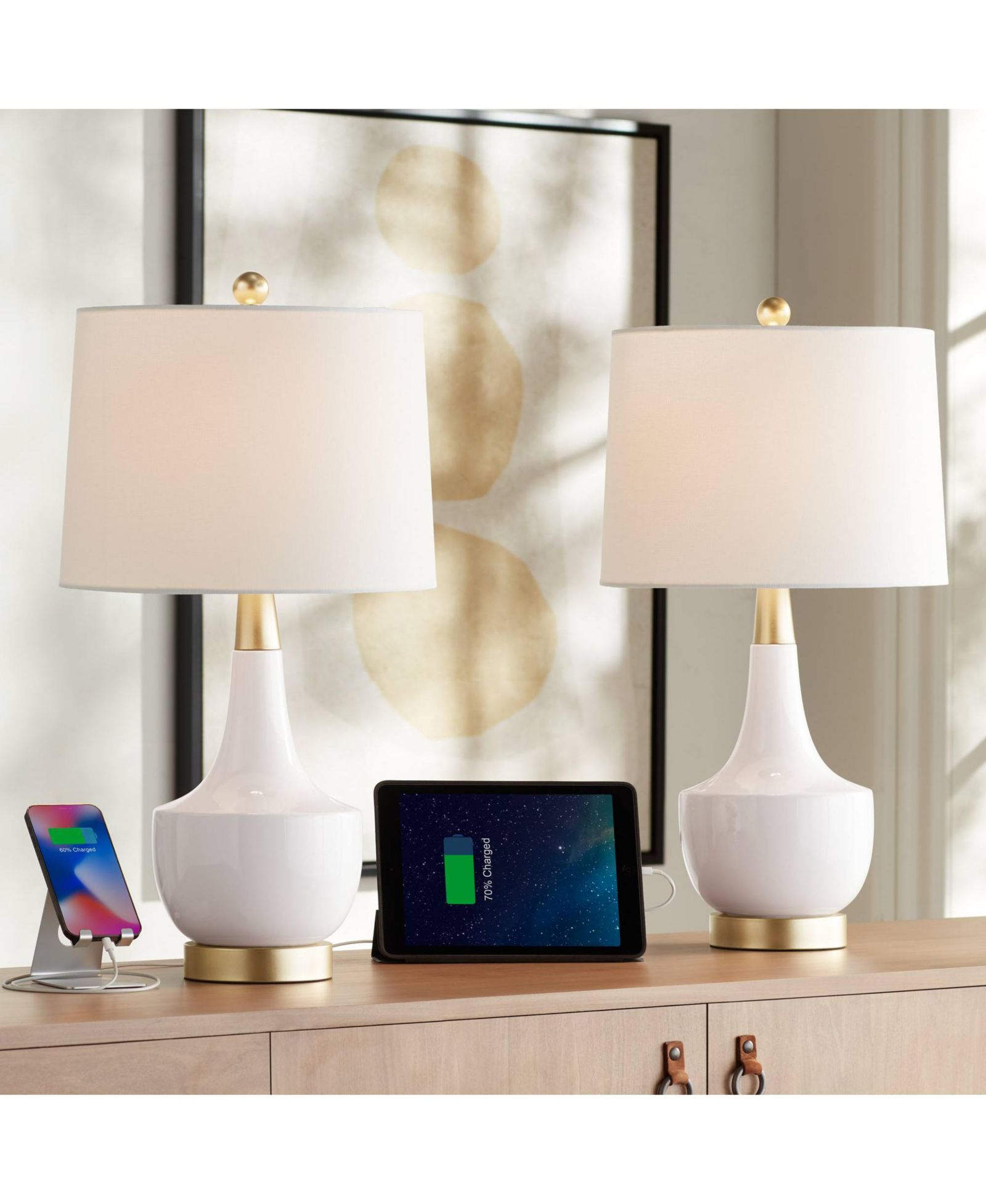 Possini Euro Design Nesbit 25" High Mid Century Modern Table Lamps Set of 2 USB Port White Gold Ceramic Metal Living Room Charging