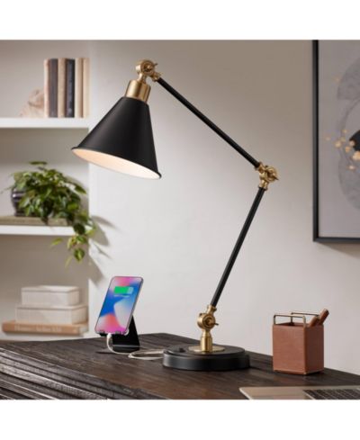 Possini Euro Design Modern Industrial Desk Table Lamp with USB Charging Port Adjustable 26.75" High Black Antique Brass for Bedroom Bedside Office